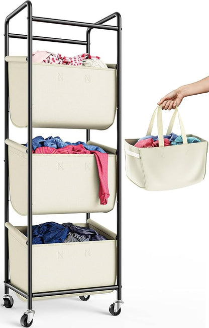 3 Section Laundry Sorter with Removable Bags, 120L Rolling Vertical Laundry by Unknown