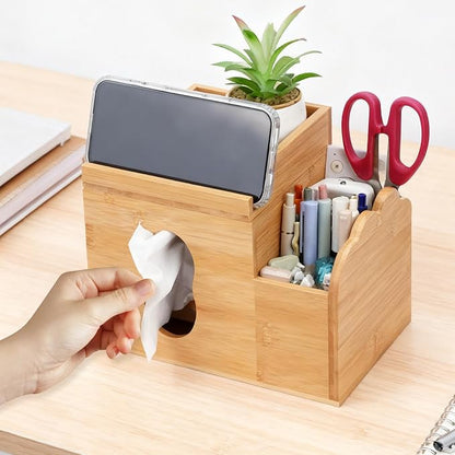 Wooden Tissue Box Cover with Storage Tray, Makeup Organizer and Phone Holder - Image 6