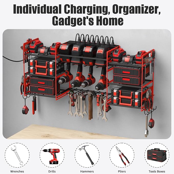 CCCEI Red Power Tool Organizer Wall Mount, Large Tools and Battery Storage Rack - Image 7