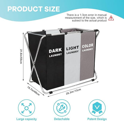 150L Laundry Cloth Hamper Sorter Basket Bin Foldable 3 Sections - Image 2