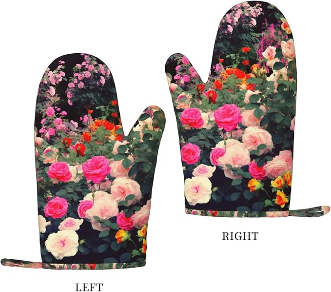 Roses Garden Print Oven Mitts Set of 2, Heat Resistant Silicone Oven Mittens - Image 2