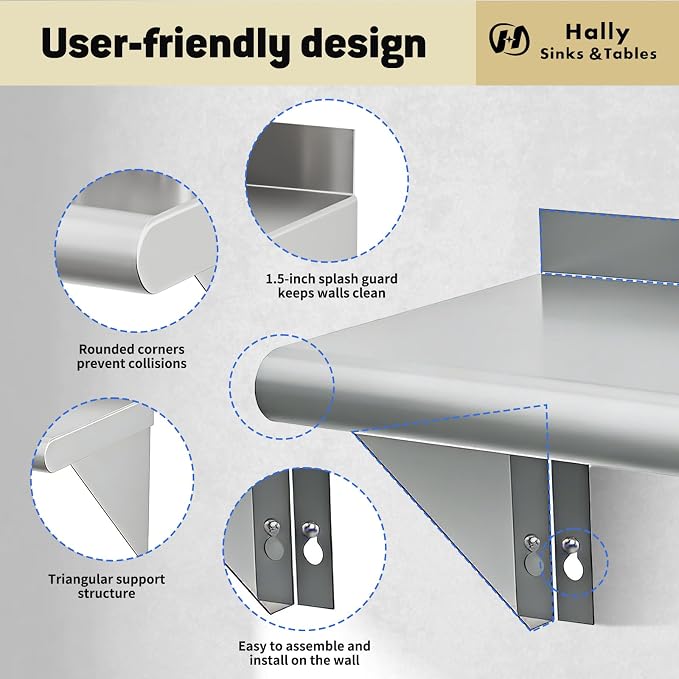 Hally Stainless Steel Shelf Wall Mounted Metal Shelf Wall Shelf 10 x 48 NSF - Image 5