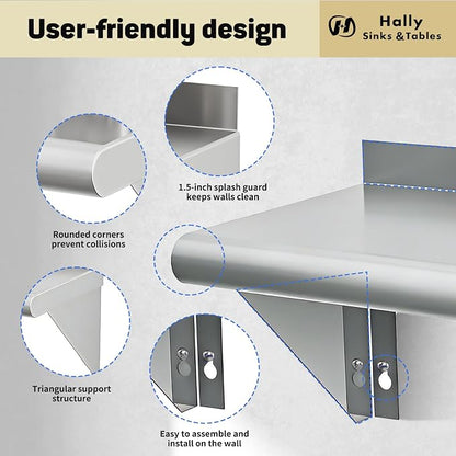 Hally Stainless Steel Shelf Wall Mounted Metal Shelf Wall Shelf 10 x 48 NSF - Image 5