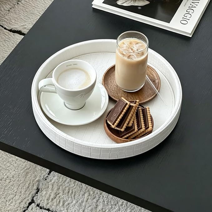 HofferRuffer Faux Leather Round Serving Tray, Vegan Croco Leather Decorative - Image 3
