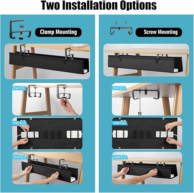Oxford Cloth Under Desk Cable Management Tray, No-Drill 36" Desk Cable - Image 2