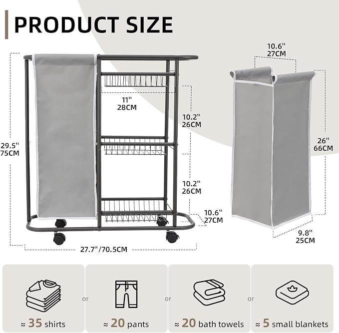 Rolling Laundry Sorter with 3 Storage Baskets and 45 L Bag, 3-Tier Laundry - Image 6