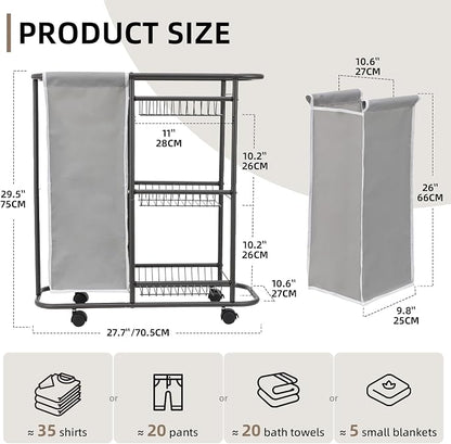 Rolling Laundry Sorter with 3 Storage Baskets and 45 L Bag, 3-Tier Laundry - Image 6