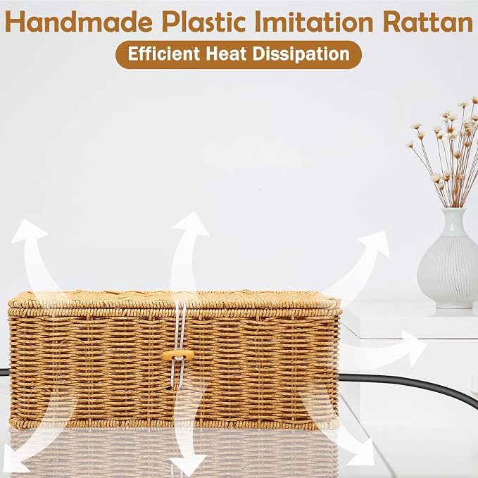Cable Management Box, Handmade Imitation Rattan Cord Cable Organizer, Open - Image 6