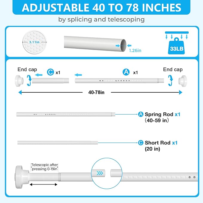MEXAU White Shower Curtain Rod 40-78 Inch Adjustable 1.26 Inch Diameter Tension - Image 3