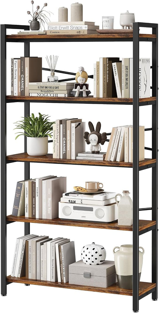 5 Tier Bookshelf 31.49" Width, Book Organizers and Storage, Wood and Metal Tall by Homeiju