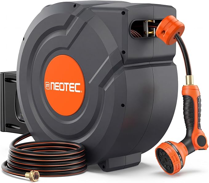 Upgraded Retractable Garden Hose Reel 5/8 inch x 100 ft Wall-Mounted 9 Pattern by NEO-TEC