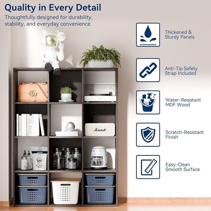 Whitmor 12 Cube Storage Organizer, 4 Tier Stackable Mdf Wood Bookcase, Open - Image 5