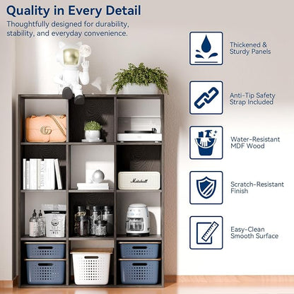 Whitmor 12 Cube Storage Organizer, 4 Tier Stackable Mdf Wood Bookcase, Open - Image 5