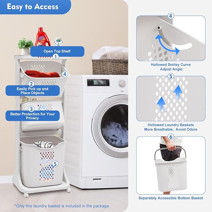 Laundry Basket with Wheels and Handle, Laundry Hamper 3 Section Rolling Laundry - Image 5