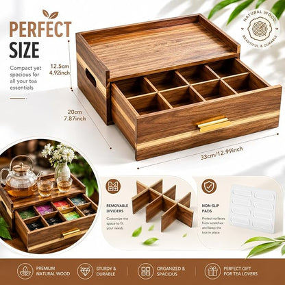 Acacia Wood Tea Bag Organizer 8 Compartment Storage Box & Organizer - Image 2