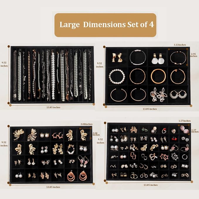 Large Jewelry Drawer Organizer Trays Set of 4, Stackable Velvet Jewelry Trays - Image 3