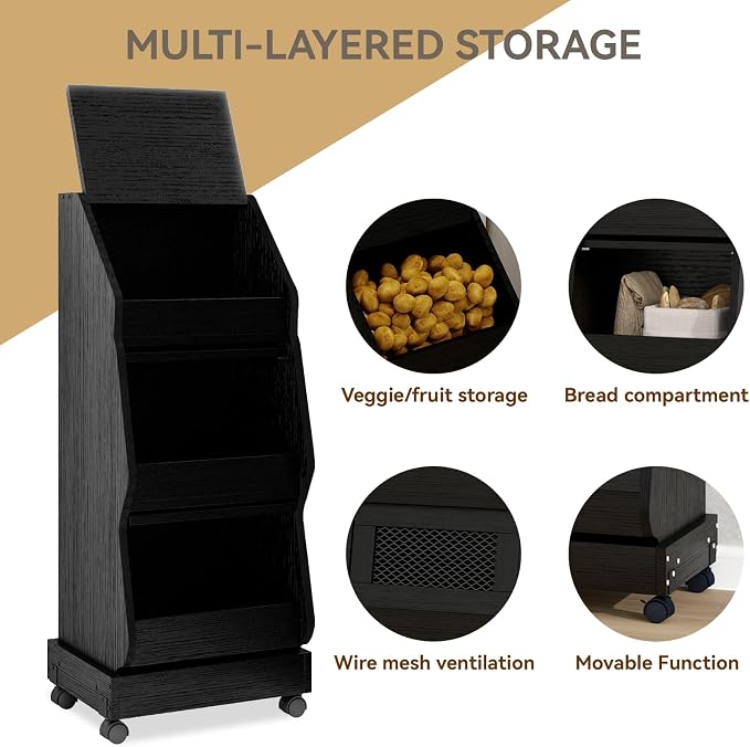 ARTETHYS Potato and Onion Storage Bin Black Movable Bread Box - Image 2