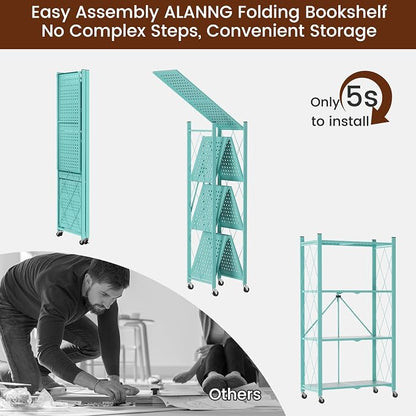 ALANNG 4 Tier Folding Storage Shelf on Wheels, Heavy Duty Metal Rolling Cart | - Image 7