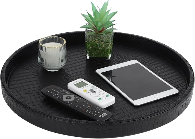 HofferRuffer Round Serving Tray 20'', Elegant Faux Leather Circle Ottoman Table - Image 3