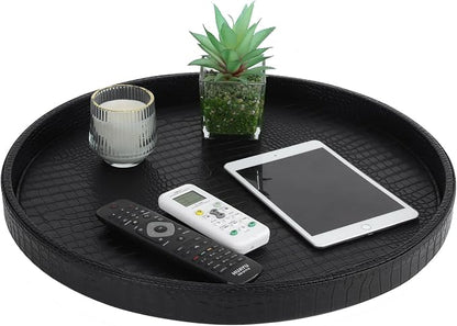 HofferRuffer Round Serving Tray 20'', Elegant Faux Leather Circle Ottoman Table - Image 3