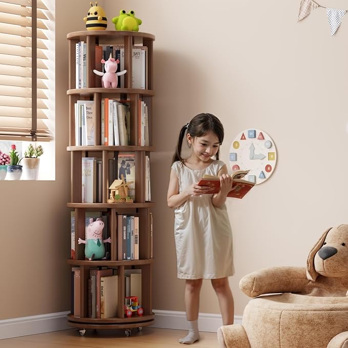 Solid Wood Rotating Bookshelf on Wheels, 5 Tier, Round Revolving Bookcase - Image 3