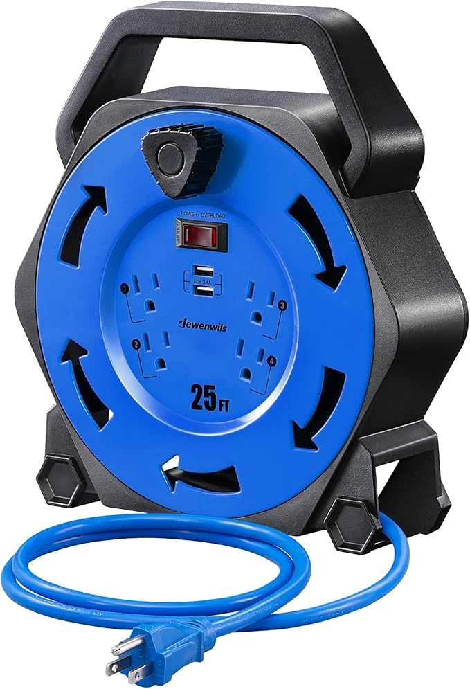 DEWENWILS Cord Reel with 4 Power Outlets, 2-USB Ports, 25FT Retractable by DEWENWILS