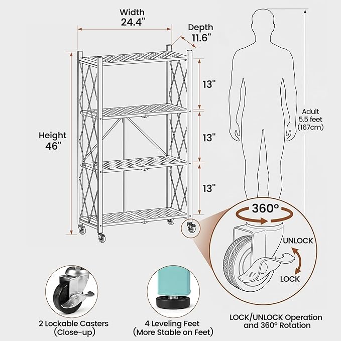 ALANNG 4 Tier Folding Storage Shelf on Wheels, Heavy Duty Metal Rolling Cart | - Image 2
