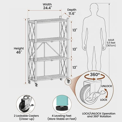 ALANNG 4 Tier Folding Storage Shelf on Wheels, Heavy Duty Metal Rolling Cart | - Image 2
