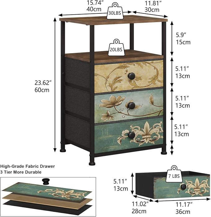 Tohomeor Nightstand with 3 Fabric Drawers Retro End Table with Storage Shelf - Image 2
