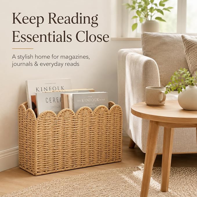 Paper Rope Magazine Holder, Tall Narrow Scalloped Basket | Handwoven Paper Rope - Image 2