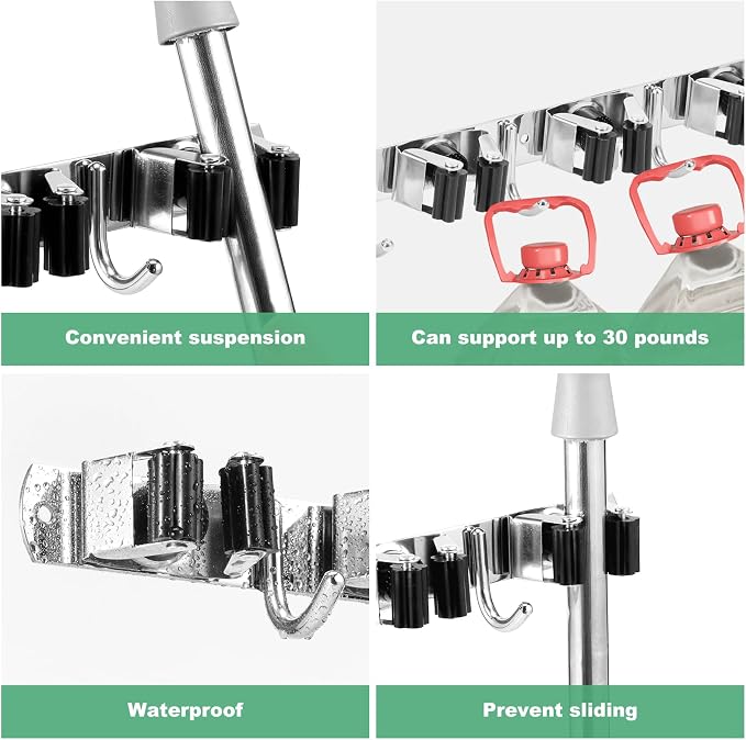 5 Pack Broom Holder Wall Mount 5 Racks 4 Hooks Stainless Steel Broom Mop Holder - Image 4