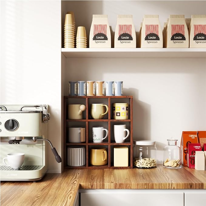 Helsin 9 Grid Vintage Coffee Mug Display Rack, 16inch Wall Mounted Wooden Curio - Image 2
