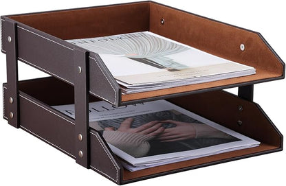 KINGFOM Letter Tray, Leather Paper Organizer Tray, Wooden Desk File Holder - Image 6