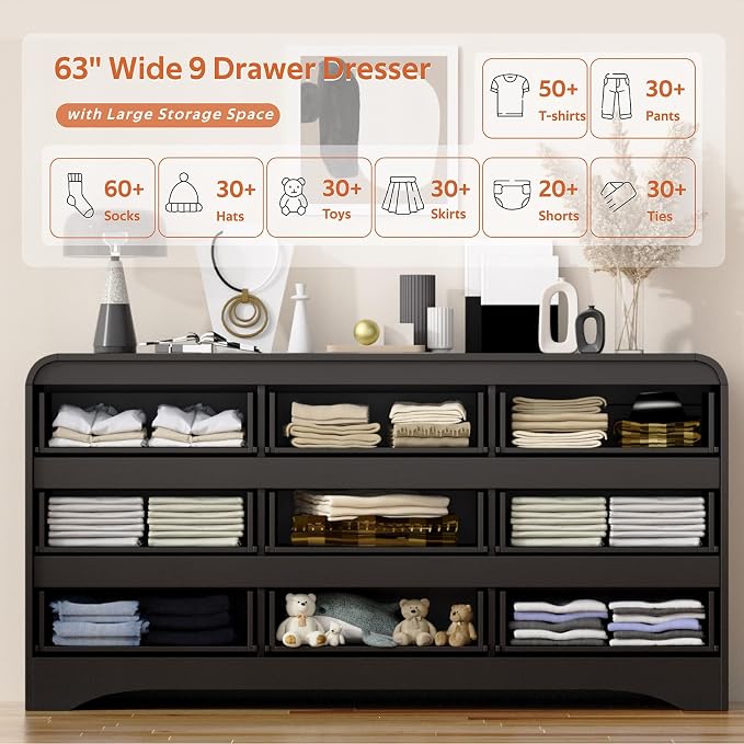Dresser for Bedroom with 9 Drawers, Wood Closet Clothes Storage Long Dressers - Image 5