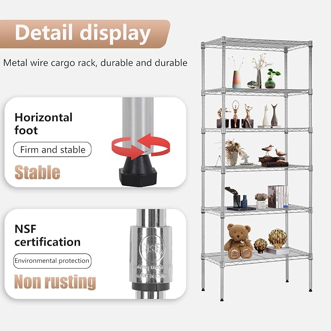 FDW 6 Tier Wire Shelving Units 23L x 13W x 59H Adjustable Metal Storage Rack - Image 5
