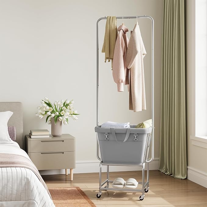 ELYKEN Laundry Cart with Hanging Rack, Rolling Laundry Hamper with Wheels - Image 2