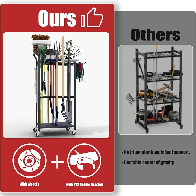 Garden Tool Organizer with Wheels, Heavy Duty Rolling Yard Tool Rack with 14 - Image 6