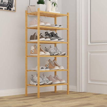 6-Tier Bamboo Small Shoe Rack, Free Standing Wood Shoe Shelf Storage Organizer - Image 2