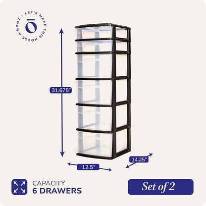 HOMZ 2-Pack Drawer Tower, 6-Tier Clear Plastic Storage Organizer Cart, and - Image 2