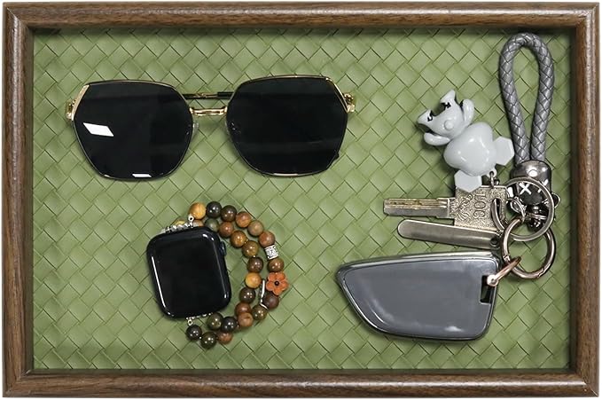 Wooden Valet Tray with Leather Base, EDC Catch All Tray Nightstand Entryway - Image 2