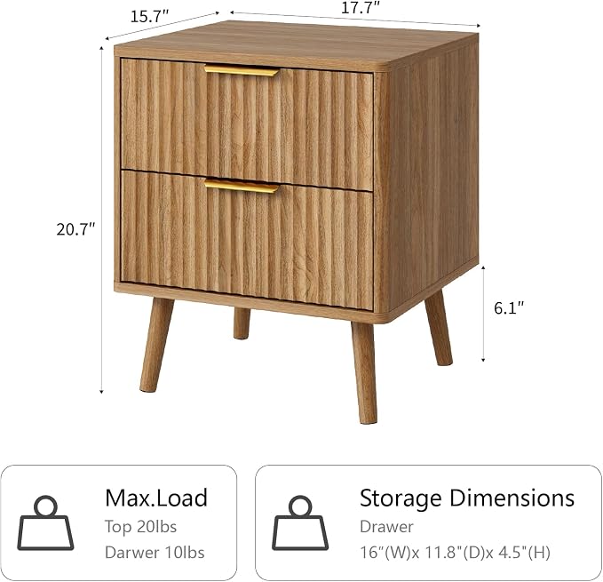 CARPETNAL Fluted Nightstand Set of 2, Walnut Bedside Table - Image 2