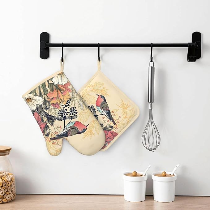 Bird Floral Oven Mitts and Pan Racks, Silicone Non-Slip Vintage Garden Bird - Image 7