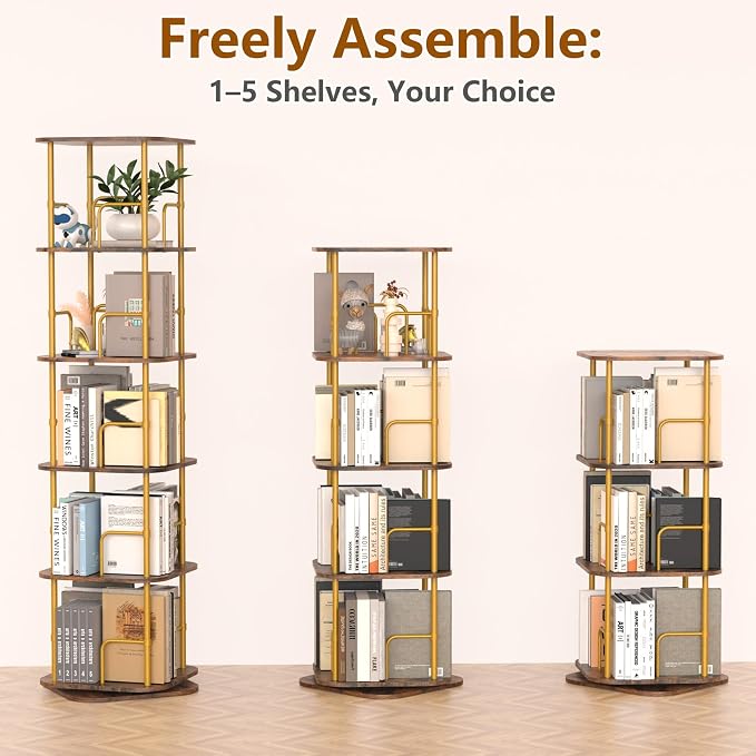 Lauxery 5 Tier Wooden Rotating Bookshelf, Metal Frame, 64 in Tall | 1000lbs - Image 4