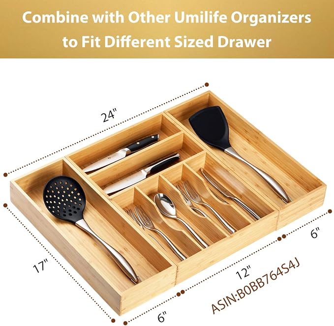 Umilife Bamboo Kitchen Utensils Organizer, Extra Long High Silverware Drawer - Image 6