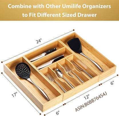 Umilife Bamboo Kitchen Utensils Organizer, Extra Long High Silverware Drawer - Image 6