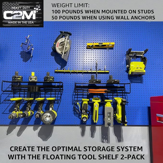 c2M Heavy Duty Floating Tool Shelf & Organizer | Wall Mounted Garage Storage - Image 2