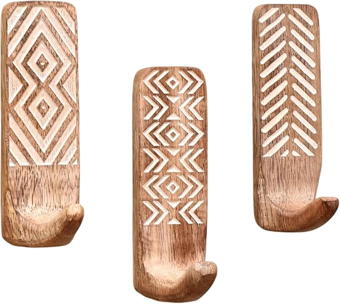 IndianShelf 3 Boho Wood Adhesive Wall Hooks Peel Stick by IndianShelf