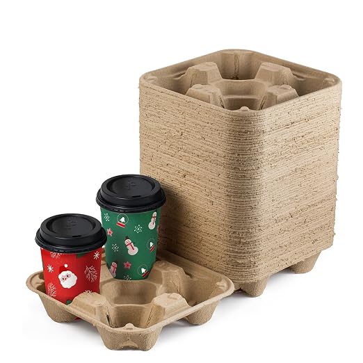 FMP Brands 4 Cup Disposable Drink Carrier Trays, 45 Pack Compostable Pulp Fiber by FMPBrands