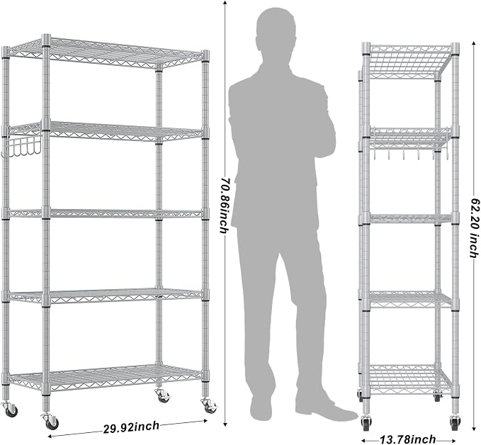 Homdox 5 Tier Adjustable Rolling Storage Shelves, Heavy Duty Wire Racks and - Image 3