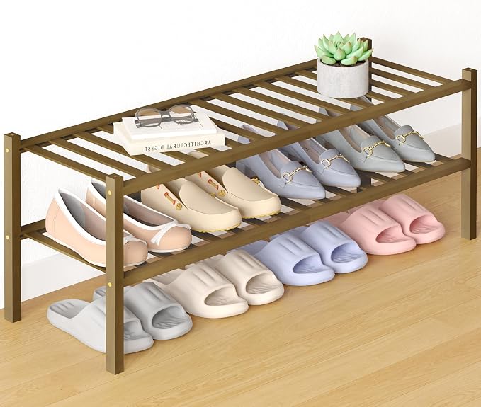 Smiry Bamboo Shoe Rack for Closet, 2 Tier Long Wooden Stackable Shoe Organizer by Smiry